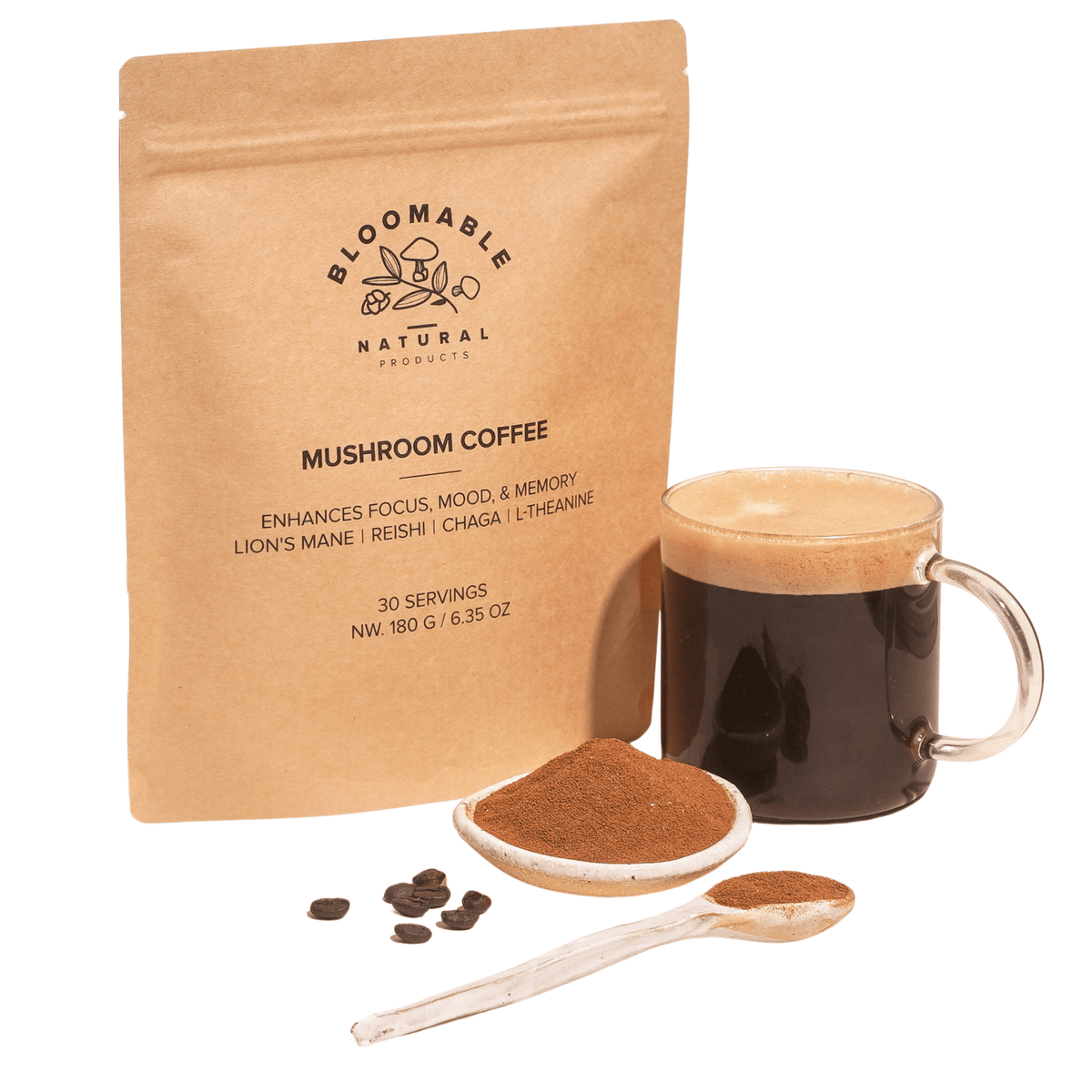 Mushroom Coffee for Focus, Calm & Energy - with Lion’s Mane, Reishi, Chaga & L - Theanine (30 servings) - Bloomable Mushrooms