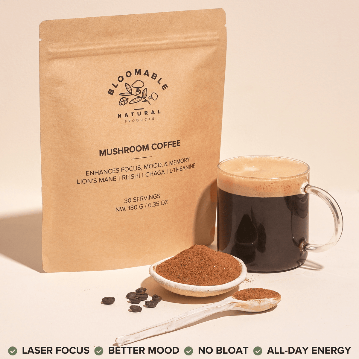 Mushroom Coffee with Lion’s Mane, Reishi, Chaga & L - Theanine (30 servings) - Bloomable