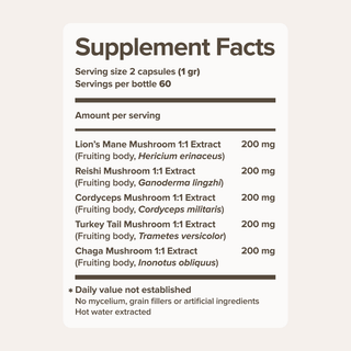 Tonic Blend Capsules - Lion's Mane, Turkey Tail, Reishi, Chaga and Cordyceps Extract Mushroom Capsules (120 capsules) - Bloomable Mushrooms